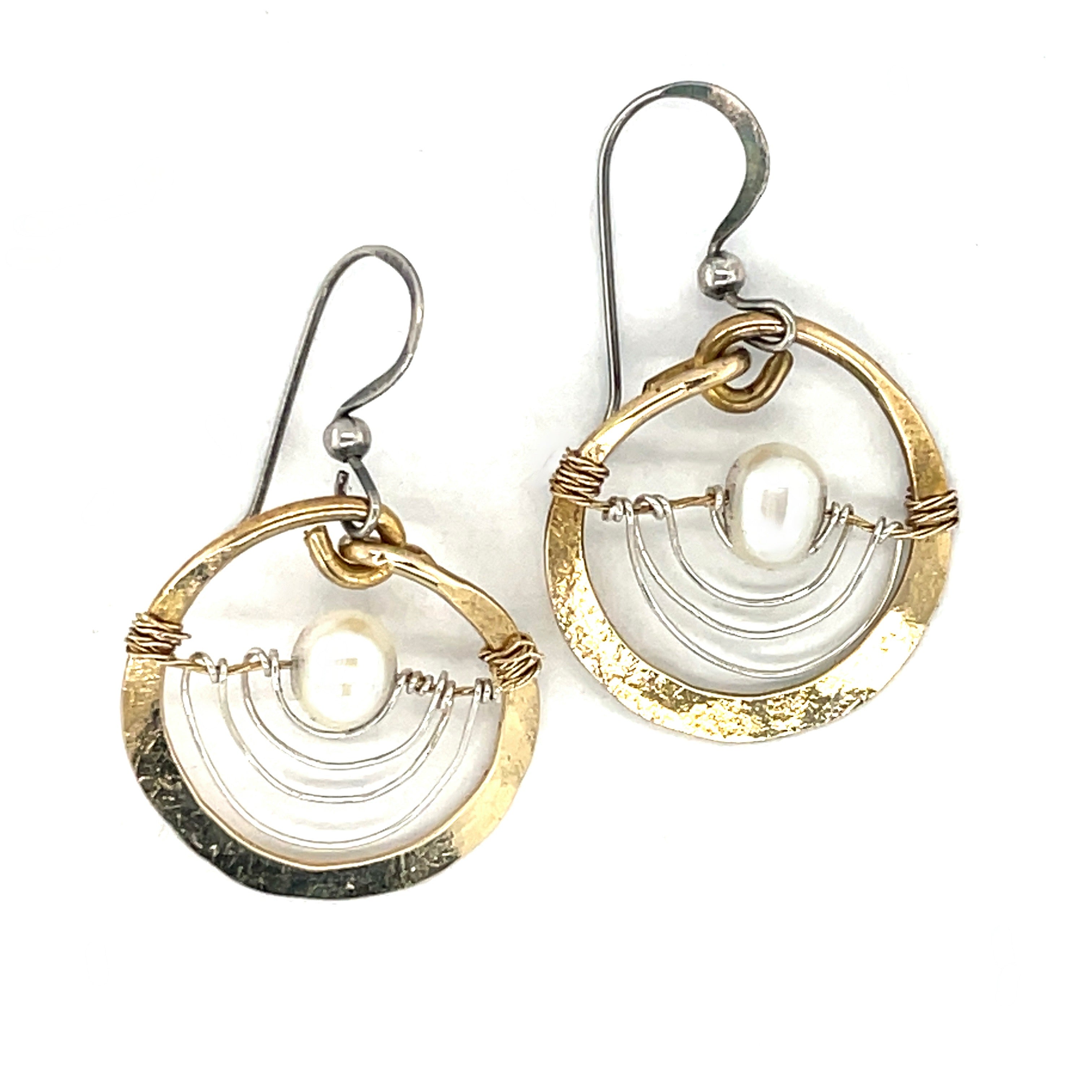 Handmade hammered brass mini hoops with fresh water pearls held in sterling silver and brass twist wires