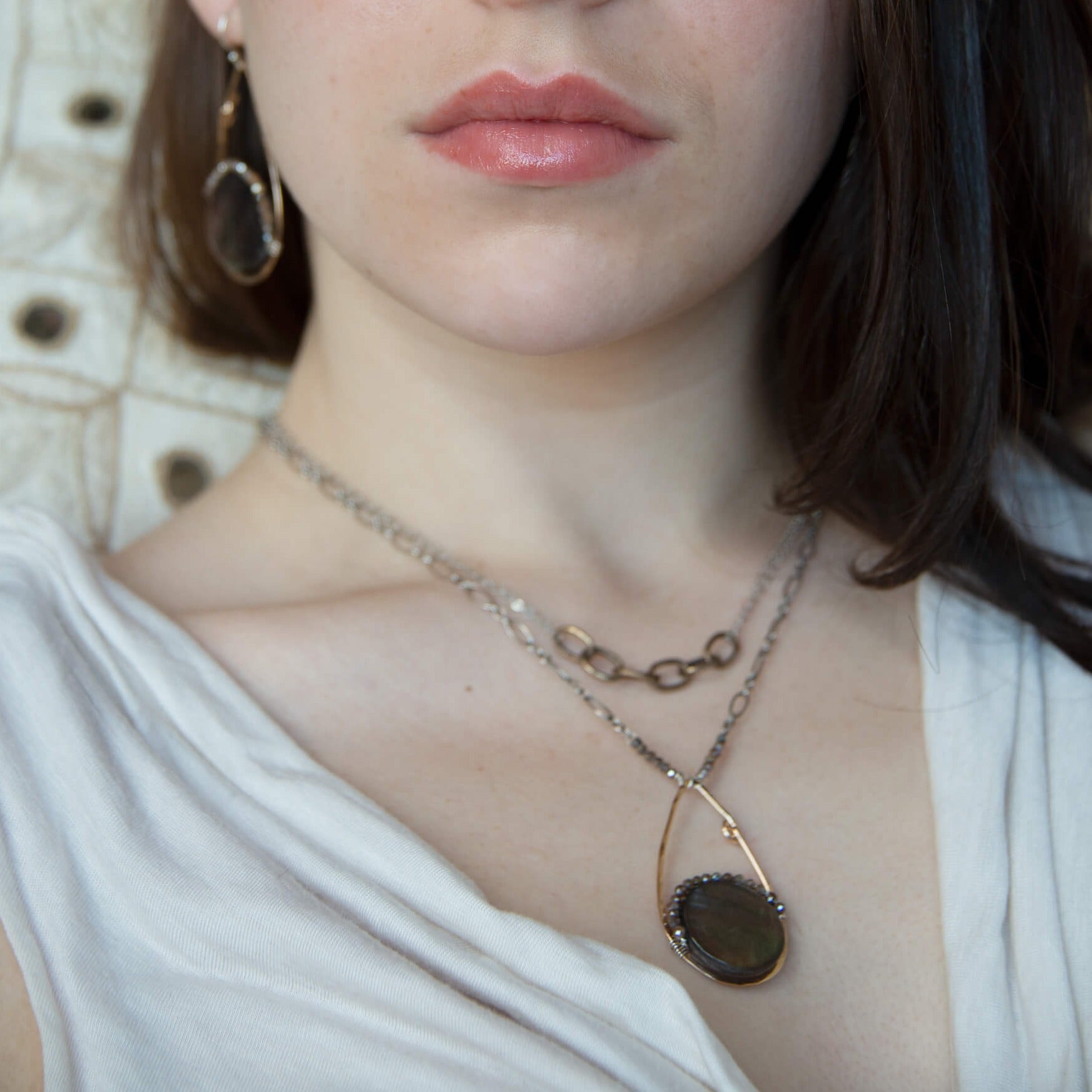 Bronze drop necklace with round abalone shell lined with moonstone gemstones on sterling silver double chain with brass link accents necklace