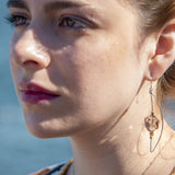 Sterling silver skinny arch earrings with a large hexagonal smokey quartz gemstone with pyrite and brass wire accents.