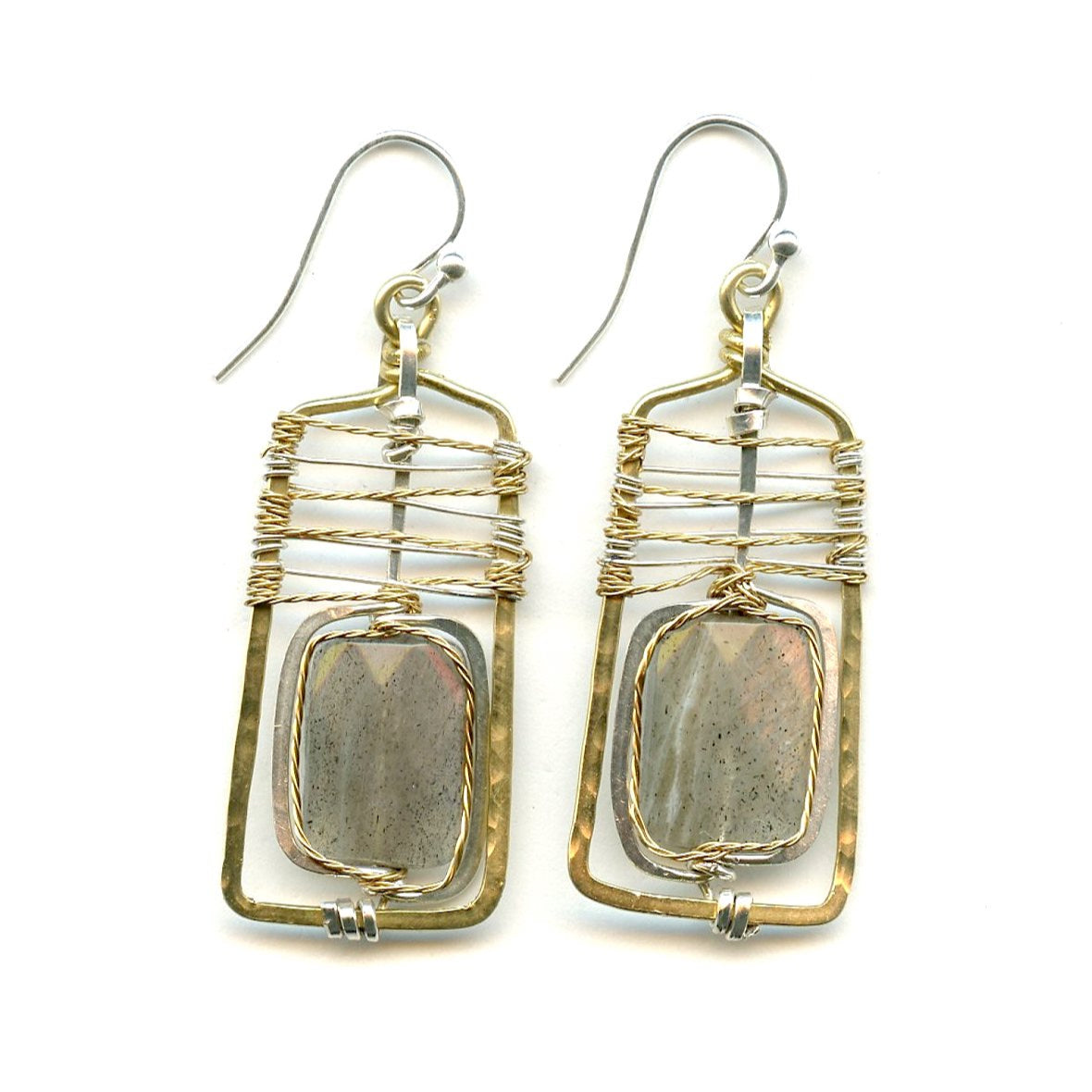 Faceted flashy labradorite rectangle gemstones are held in hammered sterling silver and brass twist wires inside a handmade brass box earring