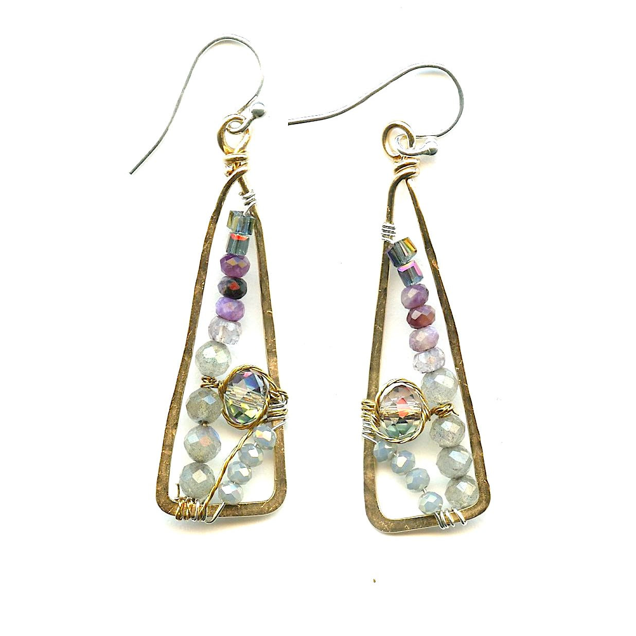 Sugilite, labradorite, and crystal gemstones line mini bronze triangle earrings