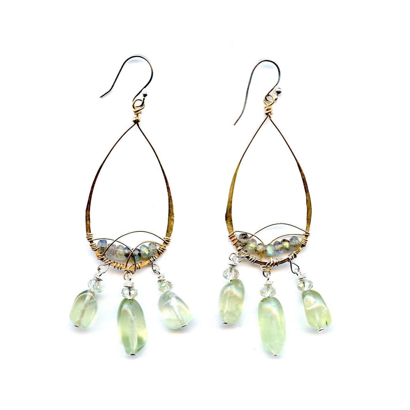 14k gold filled drop earrings lined with labradorite gemstones, with prehnite and crystal dangles