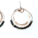 Hammered bronze ring earrings with a double ring of pyrite gemstones on sterling silver wire