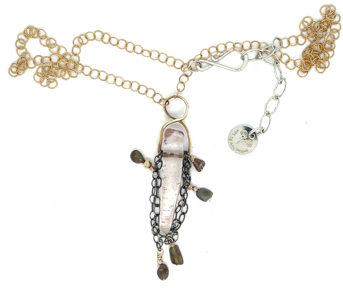 Handmade Quartz Tassel Necklace with quartz point and black opal gemstones on 14k gold-filled chain -Art by any Means Jewelry