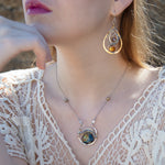 Handmade hammered brass drop earrings with rust orange fresh water pearl coins, crystal, and pyrite accents on sterling silver, oxidized sterling twist, gold-filled and brass twist wires