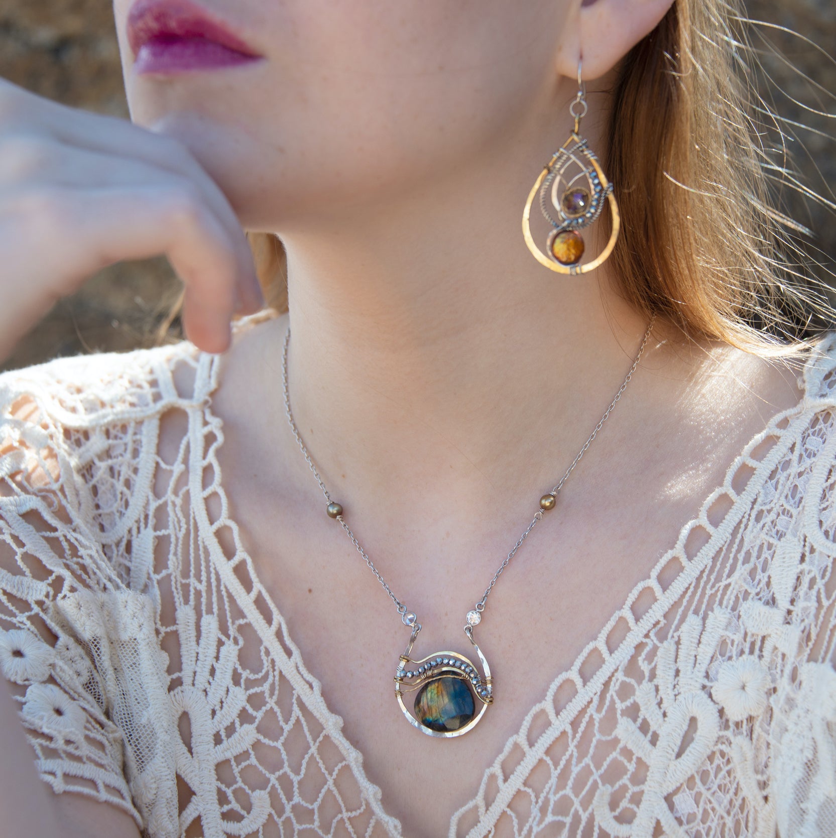 Handmade hammered brass drop earrings with rust orange fresh water pearl coins, crystal, and pyrite accents on sterling silver, oxidized sterling twist, gold-filled and brass twist wires