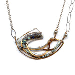 Hammered sterling silver and bronze necklace with labradorite and larimar gemstones on gold filled and sterling silver chain