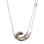 Hammered sterling silver and bronze necklace with labradorite and larimar gemstones on gold filled and sterling silver chain