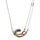 Hammered sterling silver and bronze necklace with labradorite and larimar gemstones on gold filled and sterling silver chain