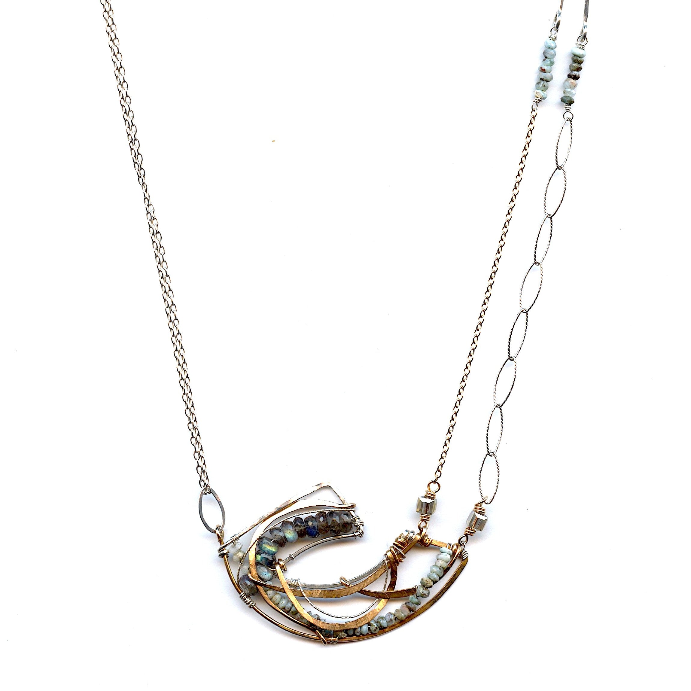 Hammered sterling silver and bronze necklace with labradorite and larimar gemstones on gold filled and sterling silver chain