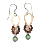 Brass mini handmade earrings with garnet and muted green fresh water pearl dangle 