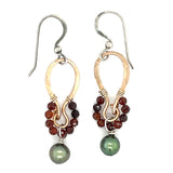 Brass mini handmade earrings with garnet and muted green fresh water pearl dangle 