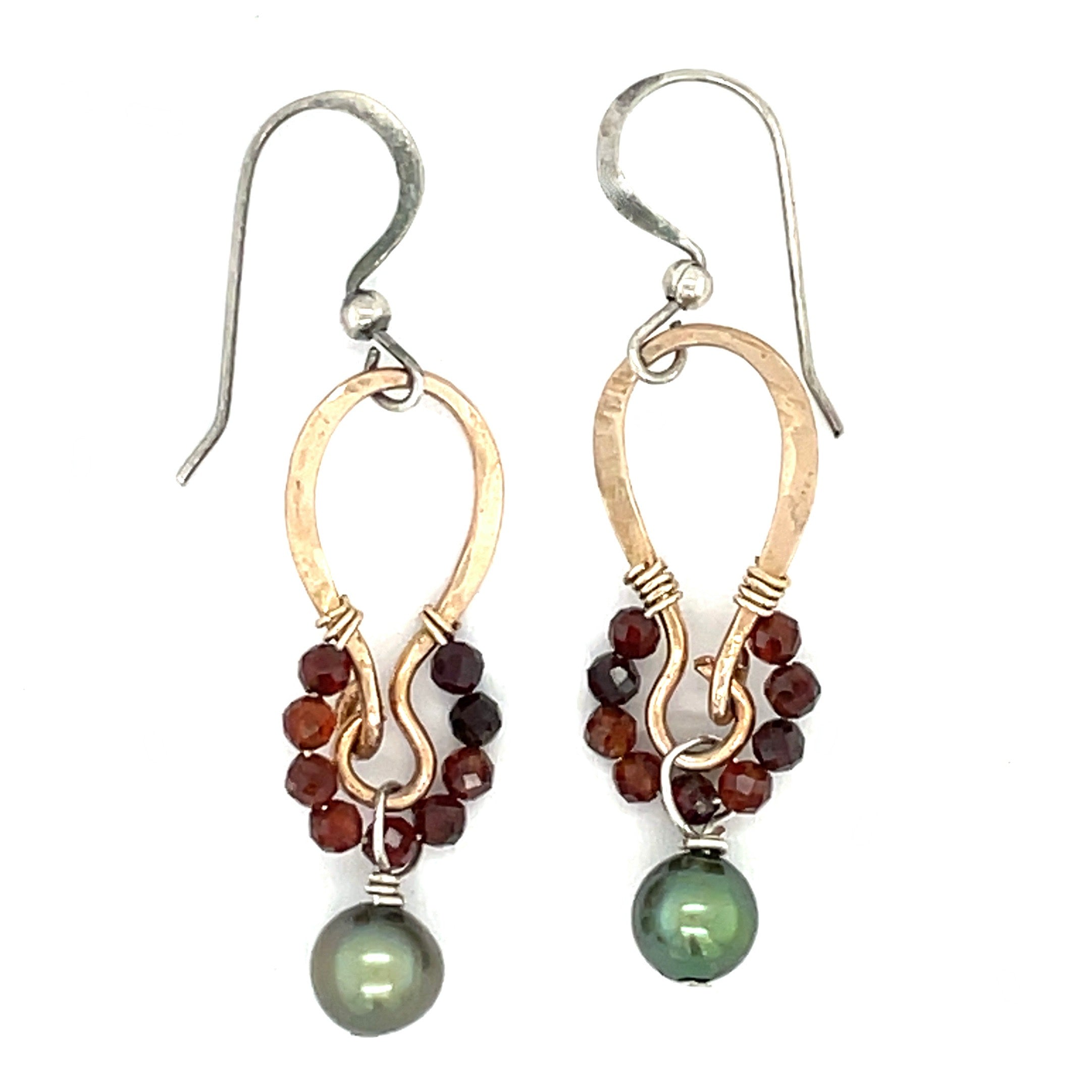 Brass mini handmade earrings with garnet and muted green fresh water pearl dangle 