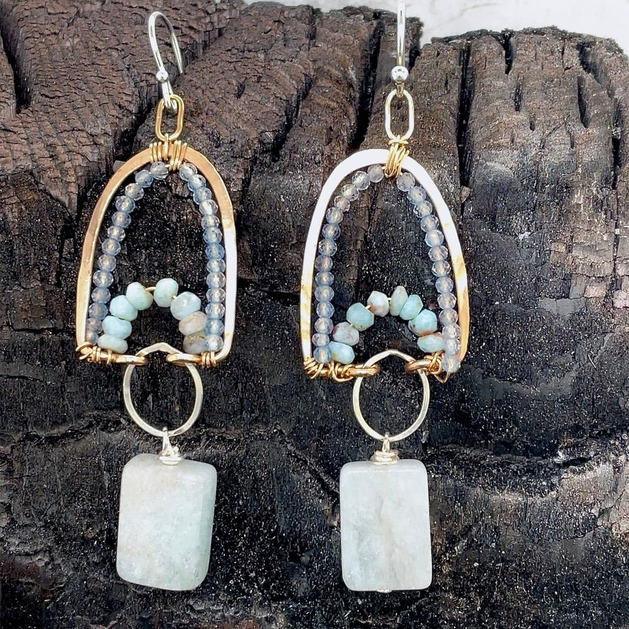 aquamarine in hand formed brass arches with faceted aquamarines and Laramie gemstones, Sterling silver hooks