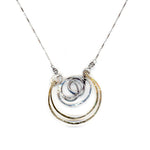 Handmade hammered and darkened sterling silver knot with hammered bronze large arches on sterling silver tube chain necklace