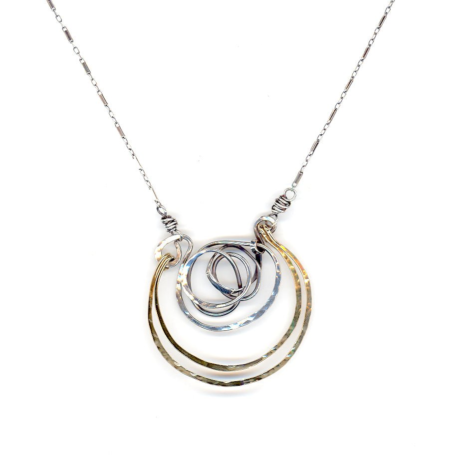 Handmade hammered and darkened sterling silver knot with hammered bronze large arches on sterling silver tube chain necklace