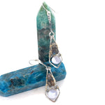 sterling silver arrow earrings featuring blue lace agate drops and flashy labradorite gemstones, set in gold-filled.